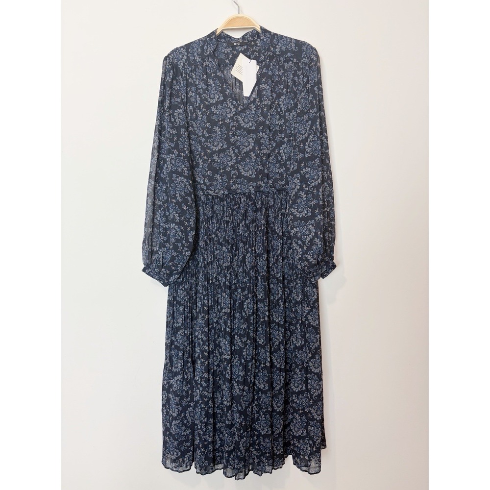 Uniqlo C Chiffon Printed Pleated Long Sleeve Sheer Maxi Dress XS Boho Cottage